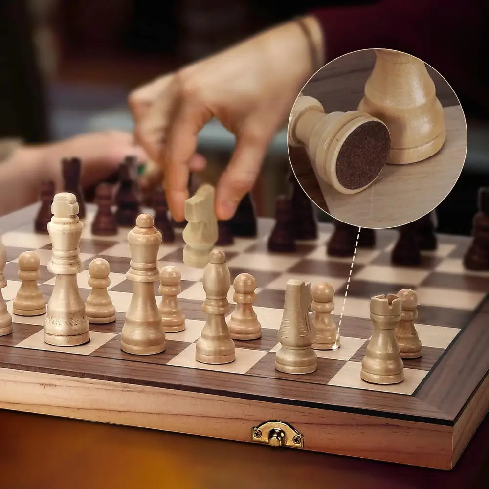 Foldable Magnetic Handmade Wooden Chess Set with elegantly crafted wooden pieces
