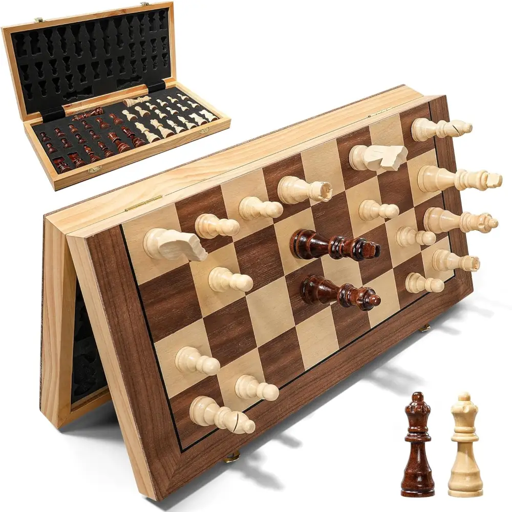 Foldable Magnetic Handmade Wooden Chess Set with elegant design and compact storage