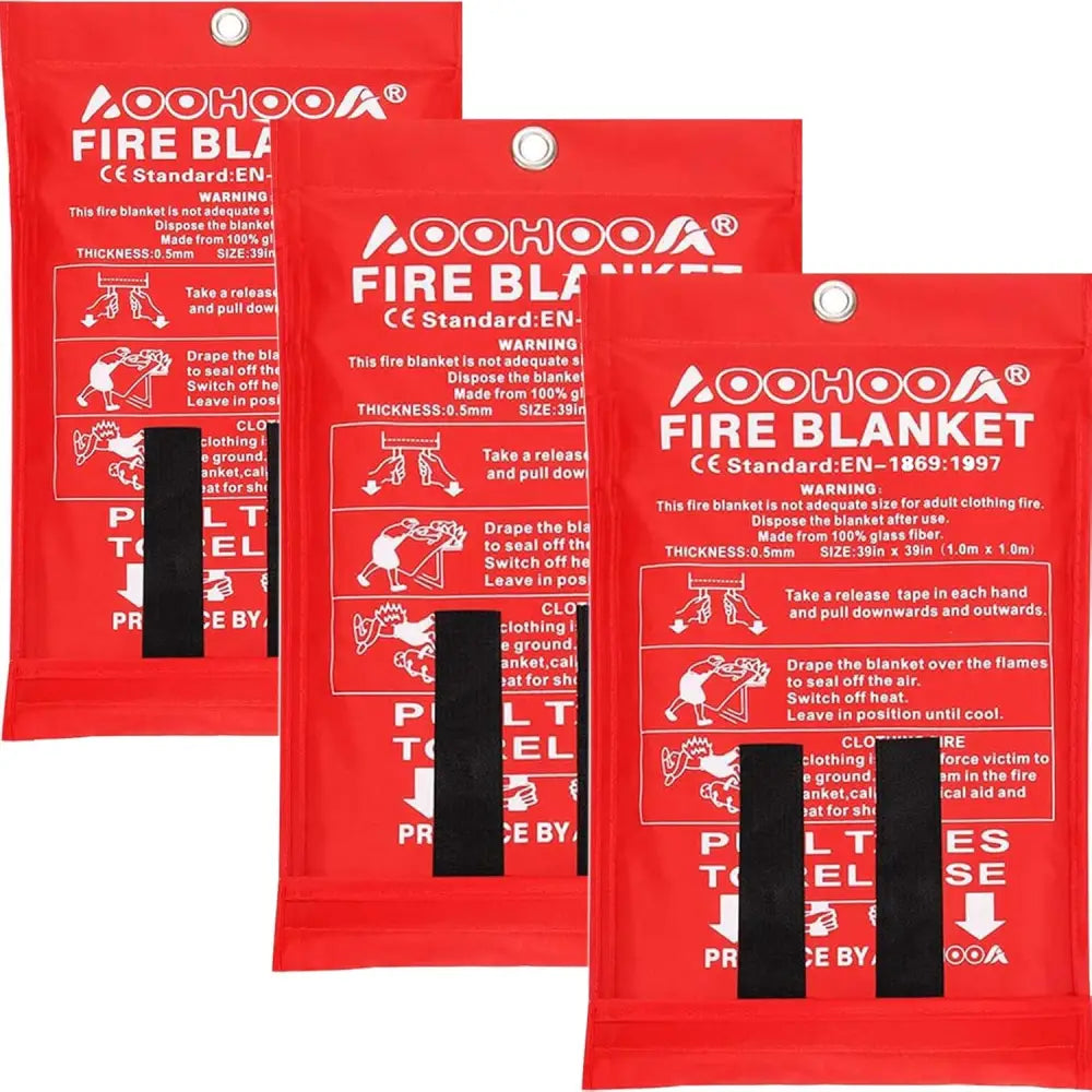 Red fire blankets in packaging from AOOHOOA 3-Pack Emergency Fire Blankets