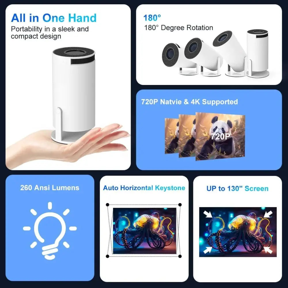 White Mini Portable Projector with 180-degree Rotatable Screen for versatile viewing