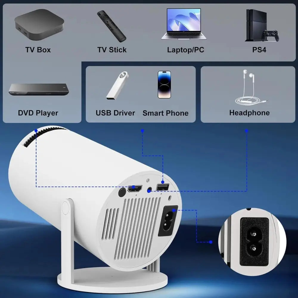 White Mini Portable Projector with connectivity options and 180° rotatable screen