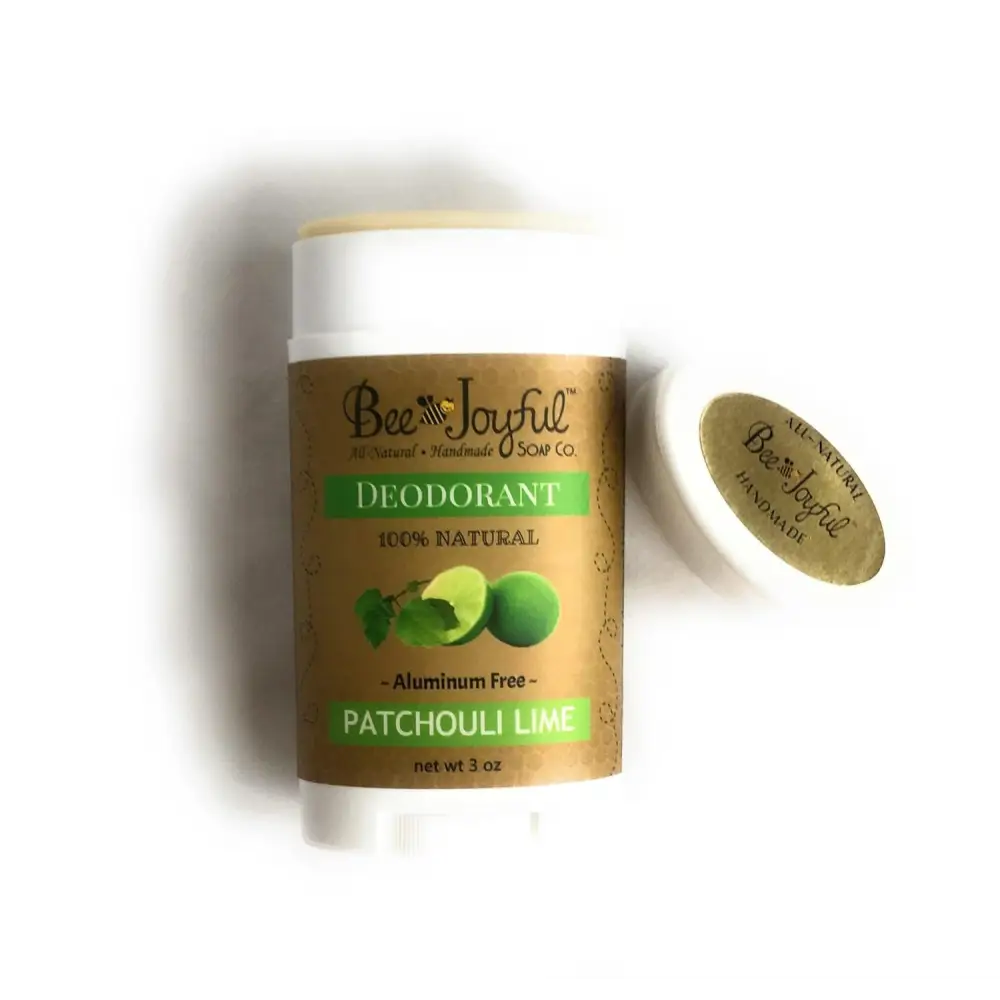 Bee Joyful Patchouli Lime Natural Beeswax Deodorant Stick on a white background