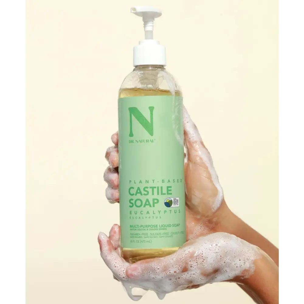 Plant-based Dr. Natural Castile Liquid Soap in clear pump bottle for body cleansing