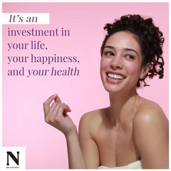 Smiling woman with curly hair using Dr. Natural Castile Liquid Soap for body cleansing