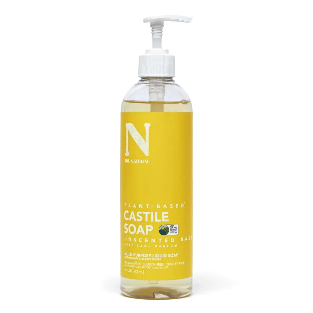 Dr Natural Castile Liquid Soap bottle with pump for all-over body cleansing