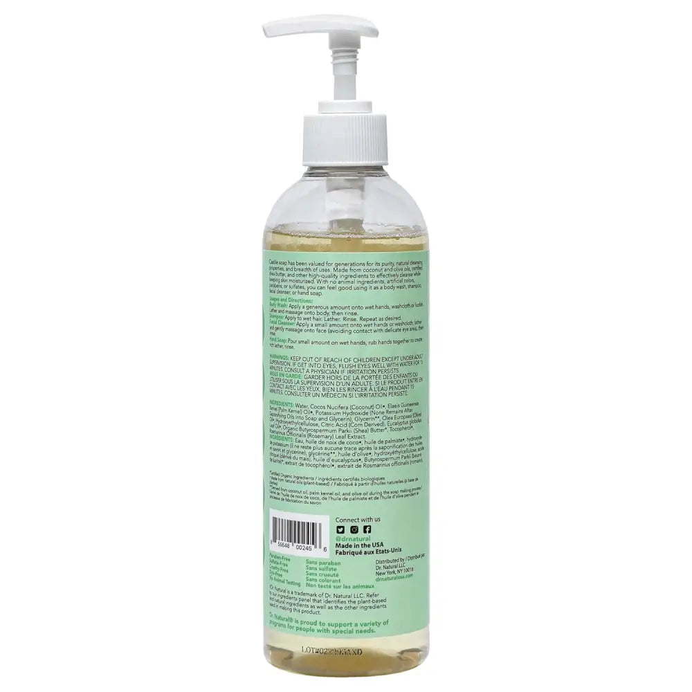 Clear bottle of Dr. Natural Castile Liquid Soap with pump for all-over body cleansing