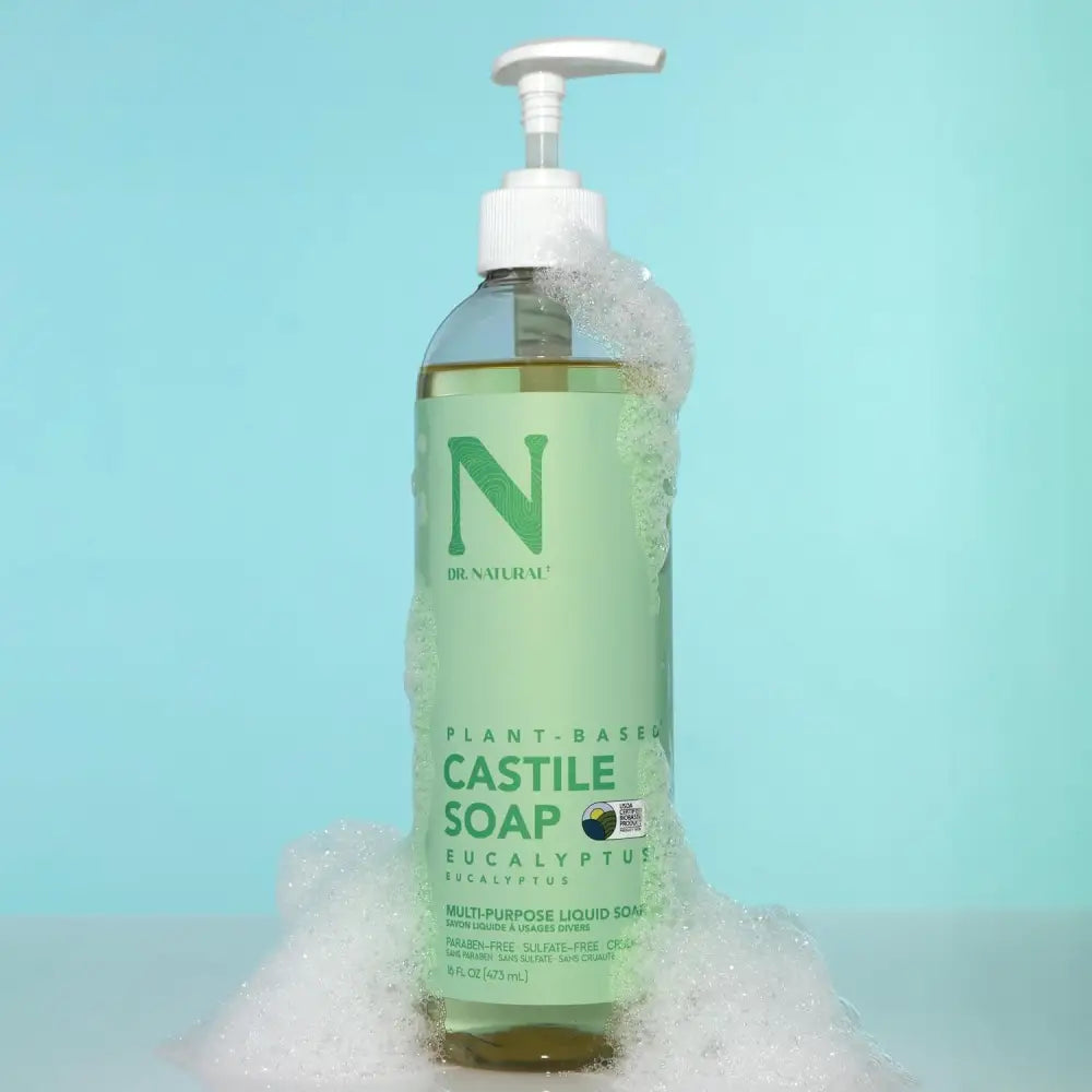 Plant-based Castile soap in clear pump bottle for Dr. Natural All-Over Body Cleansing