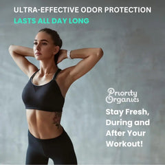 Athletic woman promoting Natural Essential Oil Blend Deodorant for all-day freshness