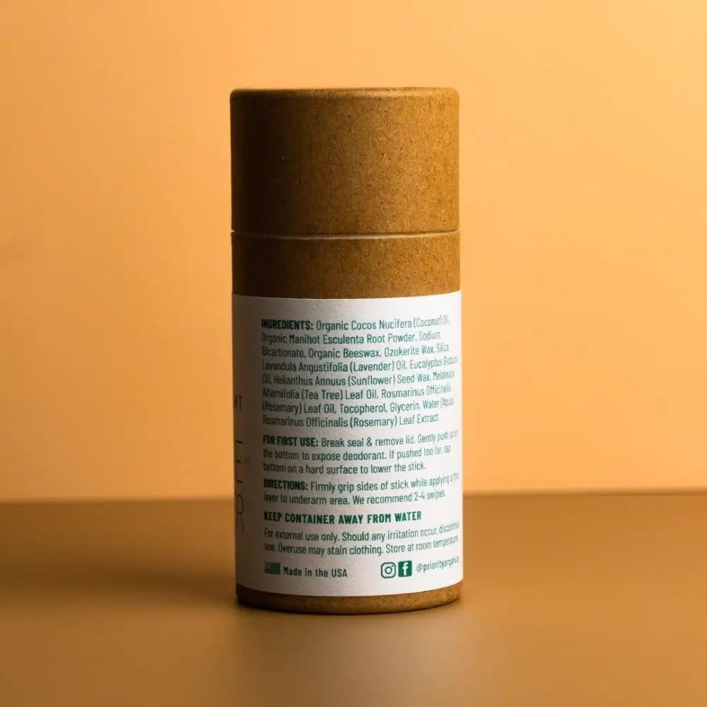 Natural Essential Oil Blend Deodorant in a cardboard tube for fresh all-day use