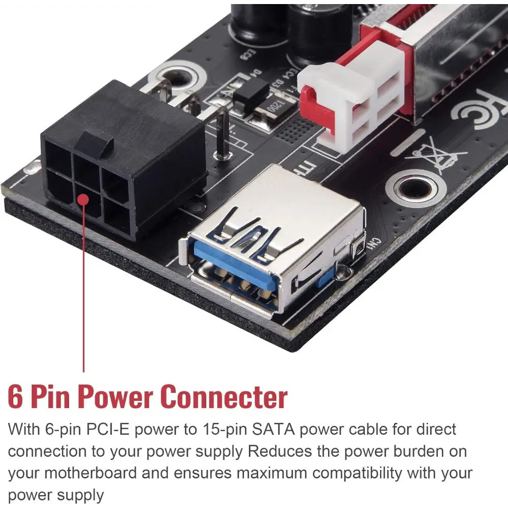 Black circuit board with connectors in V009S-PLUS GPU Riser Card 16x PCIe Kits