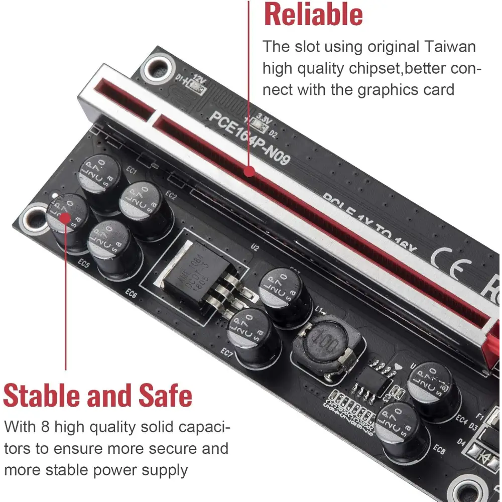 PCIe riser card with solid capacitors from V009S-PLUS GPU Riser Card 16x PCIe Kits