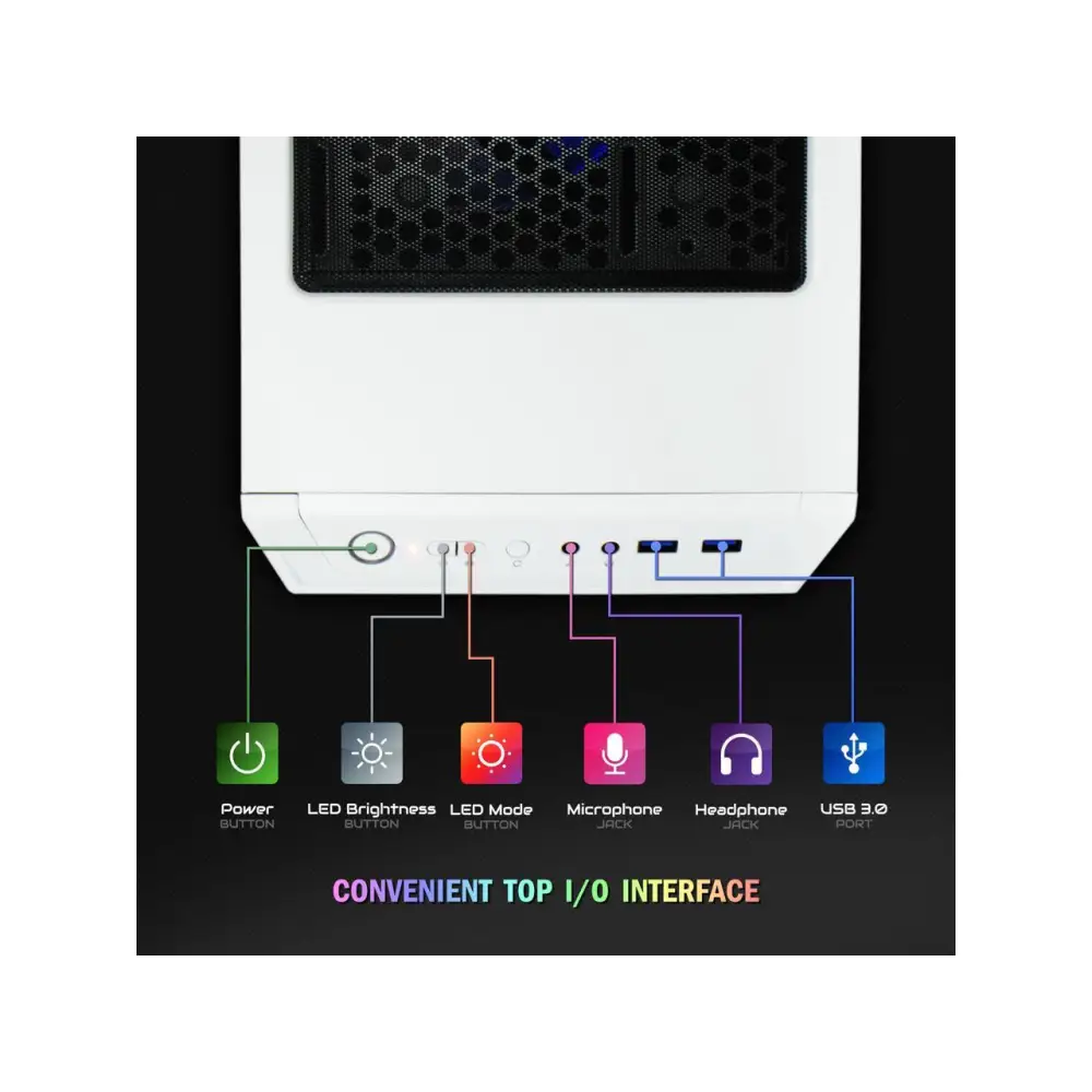 Computer case front panel I/O ports on Periphio Castle 5600G Gaming Desktop