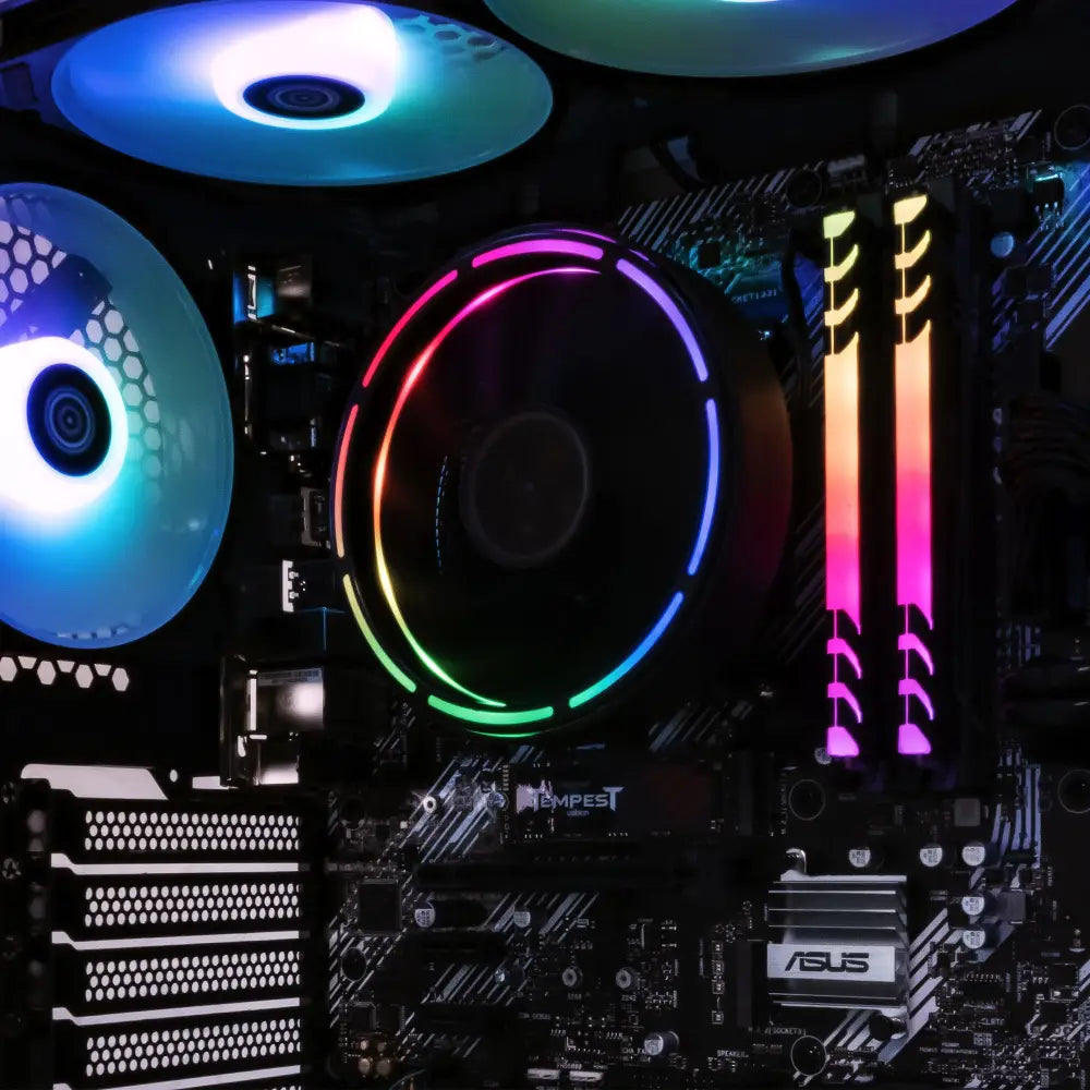 Illuminated computer components in Periphio Castle 5600G Gaming Desktop setup