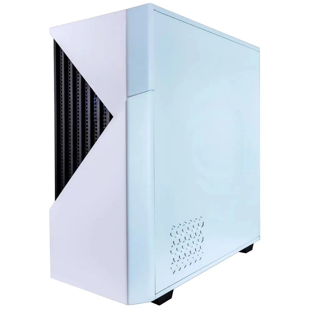 White computer case with geometric front panel of Periphio Castle 5600G Gaming Desktop
