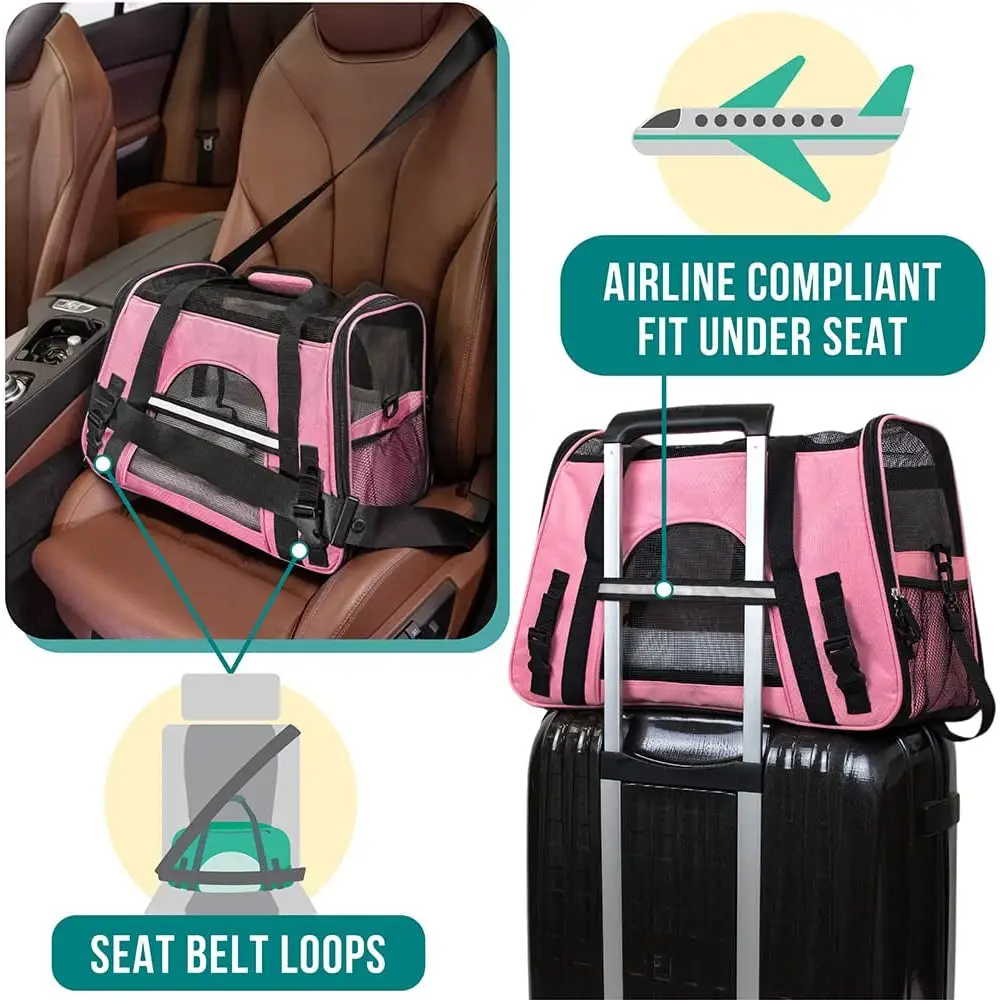 Pink PetAmi Soft Sided Travel Carrier for safe pet travel, airline approved tote