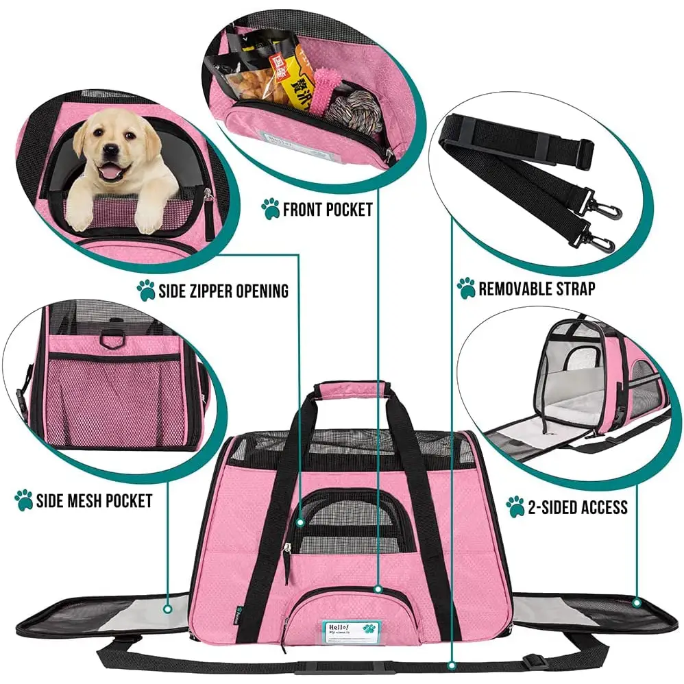 Pink PetAmi Soft Sided Travel Carrier with openings and pockets for pets