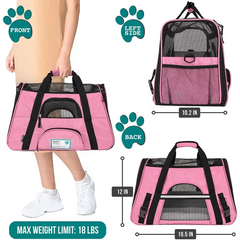 Pink and black PetAmi soft-sided travel carrier with dimensions and weight limit