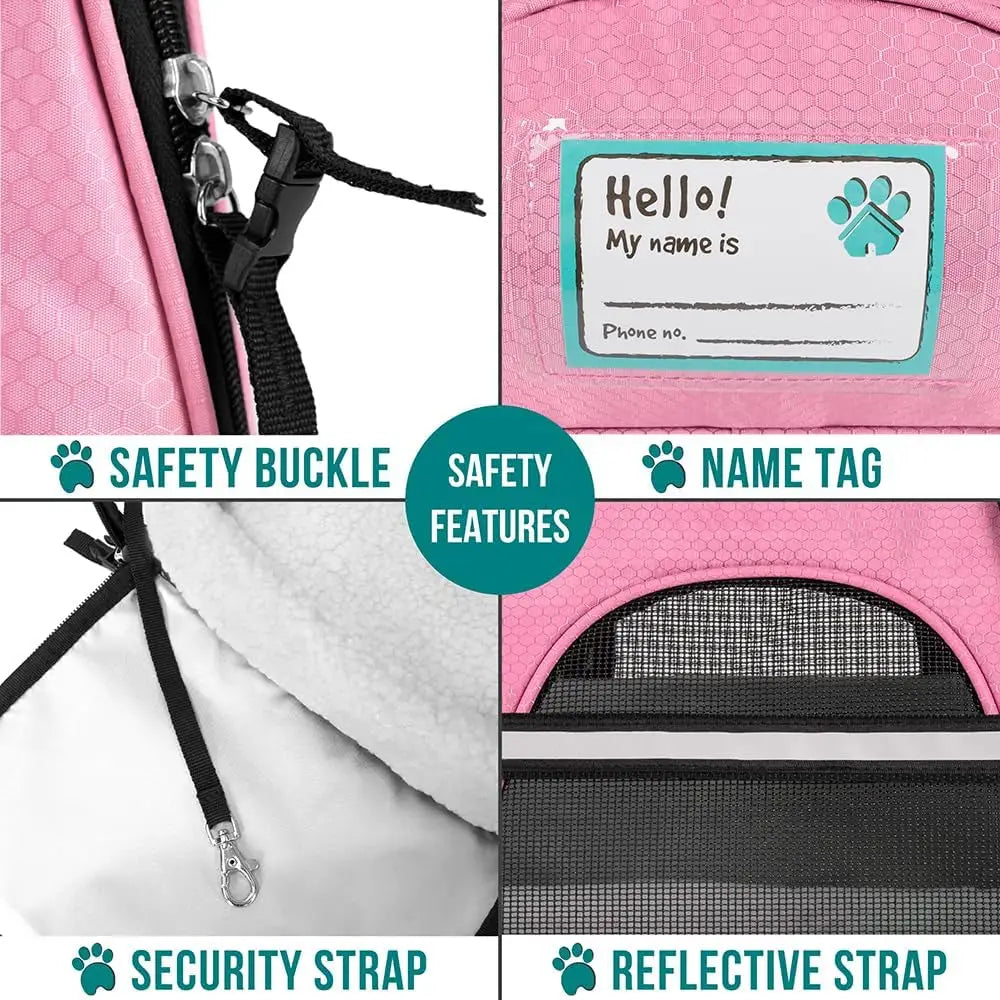 Pink PetAmi Soft Sided Pet Carrier showcasing safety features for travel