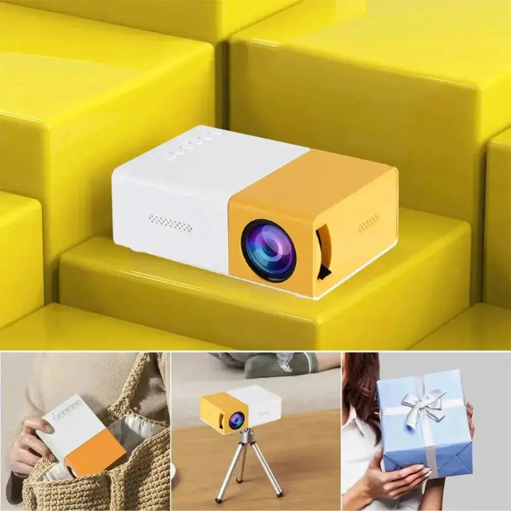 Portable white and yellow projector for compact home theater and wireless screen mirroring