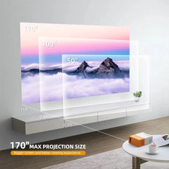 Portable WiFi LED Projector showcasing multiple screen sizes for home theater display