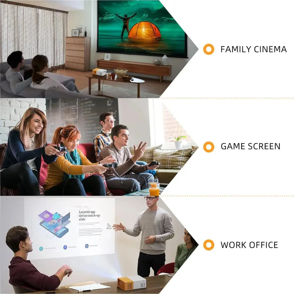 Portable WiFi LED Projector showcasing various projector usage scenarios in home theater settings