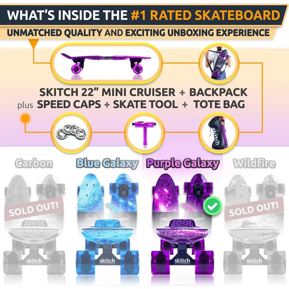 Premium Kids Skateboard Gift Set advertisement showcasing vibrant skateboard design