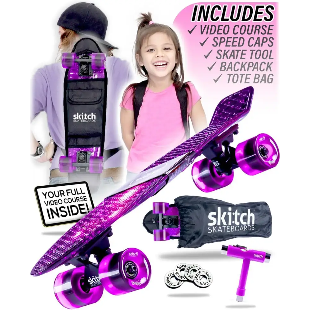 Purple skateboard kit from Premium Kids Skateboard Gift Set for fun outdoor activities