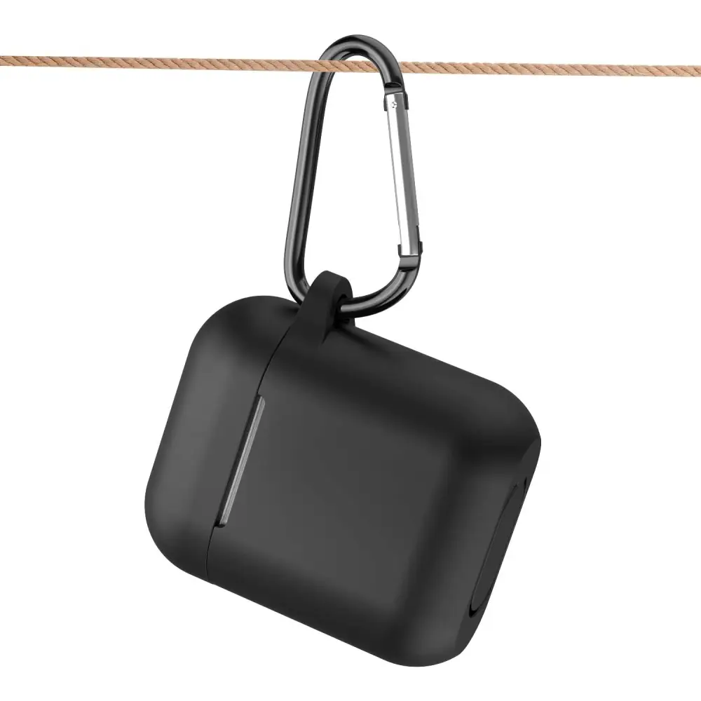 Black AirPods case with carabiner, Premium Silicone, Wireless Charging Compatible