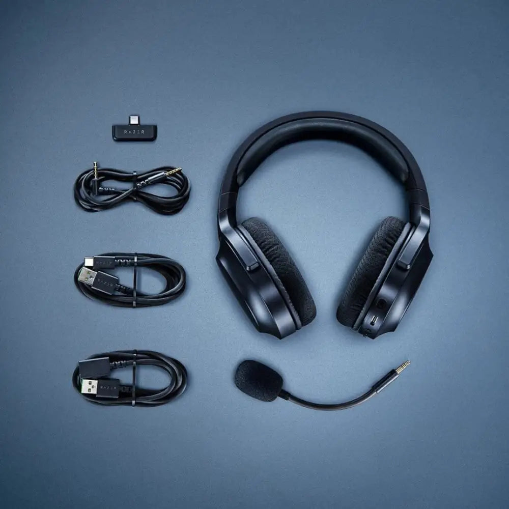 Black Razer Barracuda X Wireless USB-C Headset with detachable mic and accessories