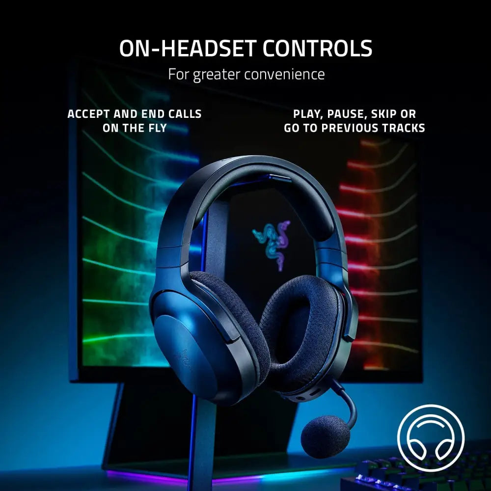 Blue wireless gaming headset Razer Barracuda X with detachable mic on display