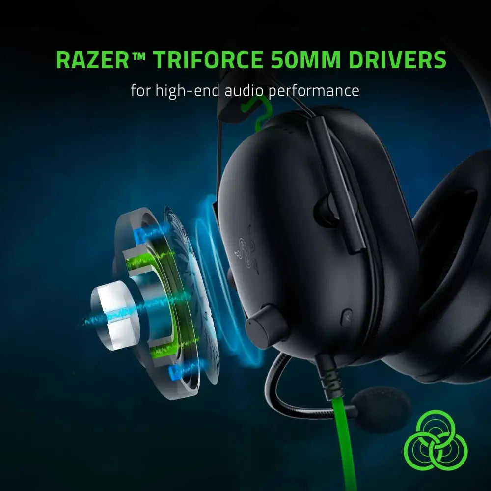 Black gaming headset with exposed driver components Razer Blackshark V2 X Triforce Drivers