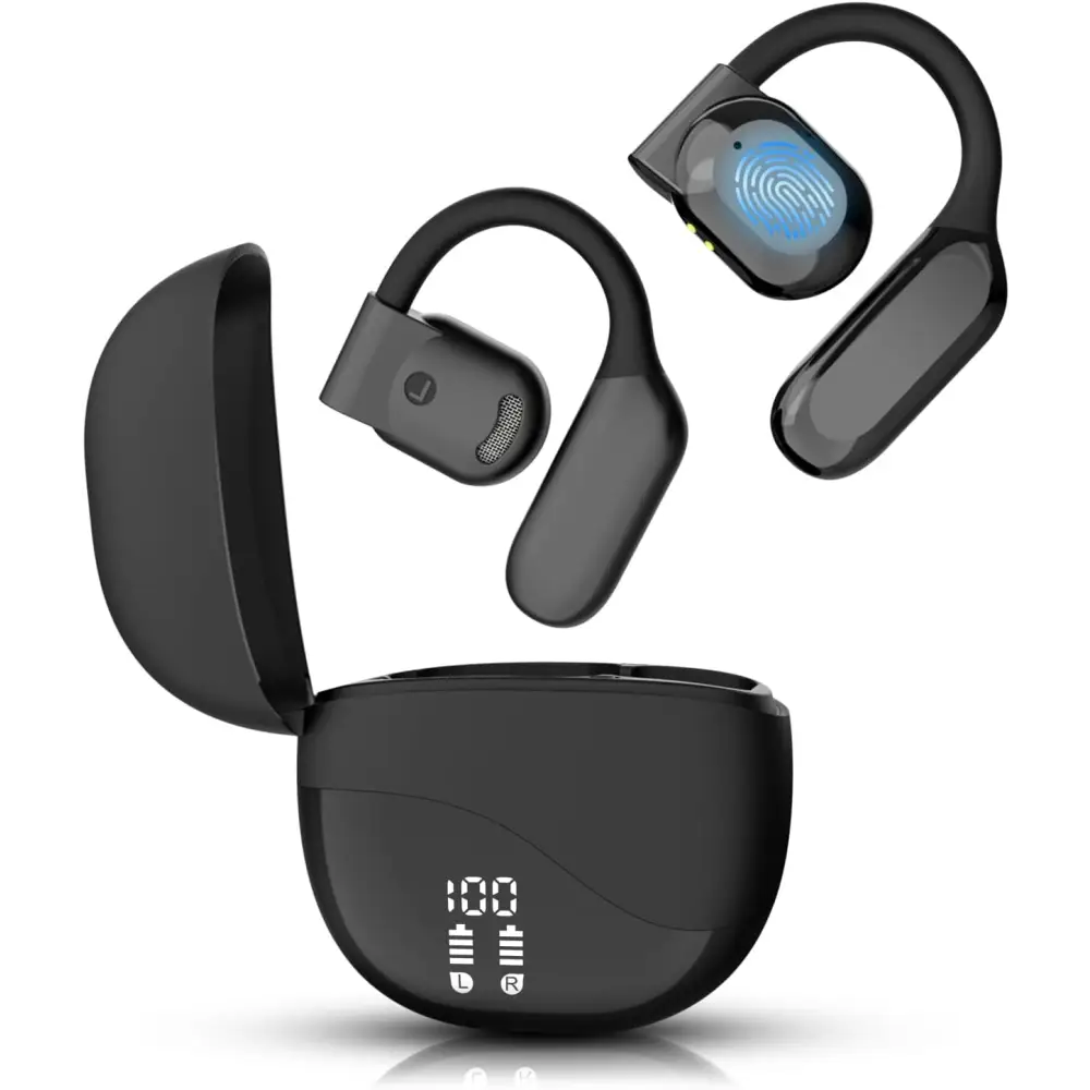 Black bone conduction headphones with charging case for 144 Language Translator Earbuds