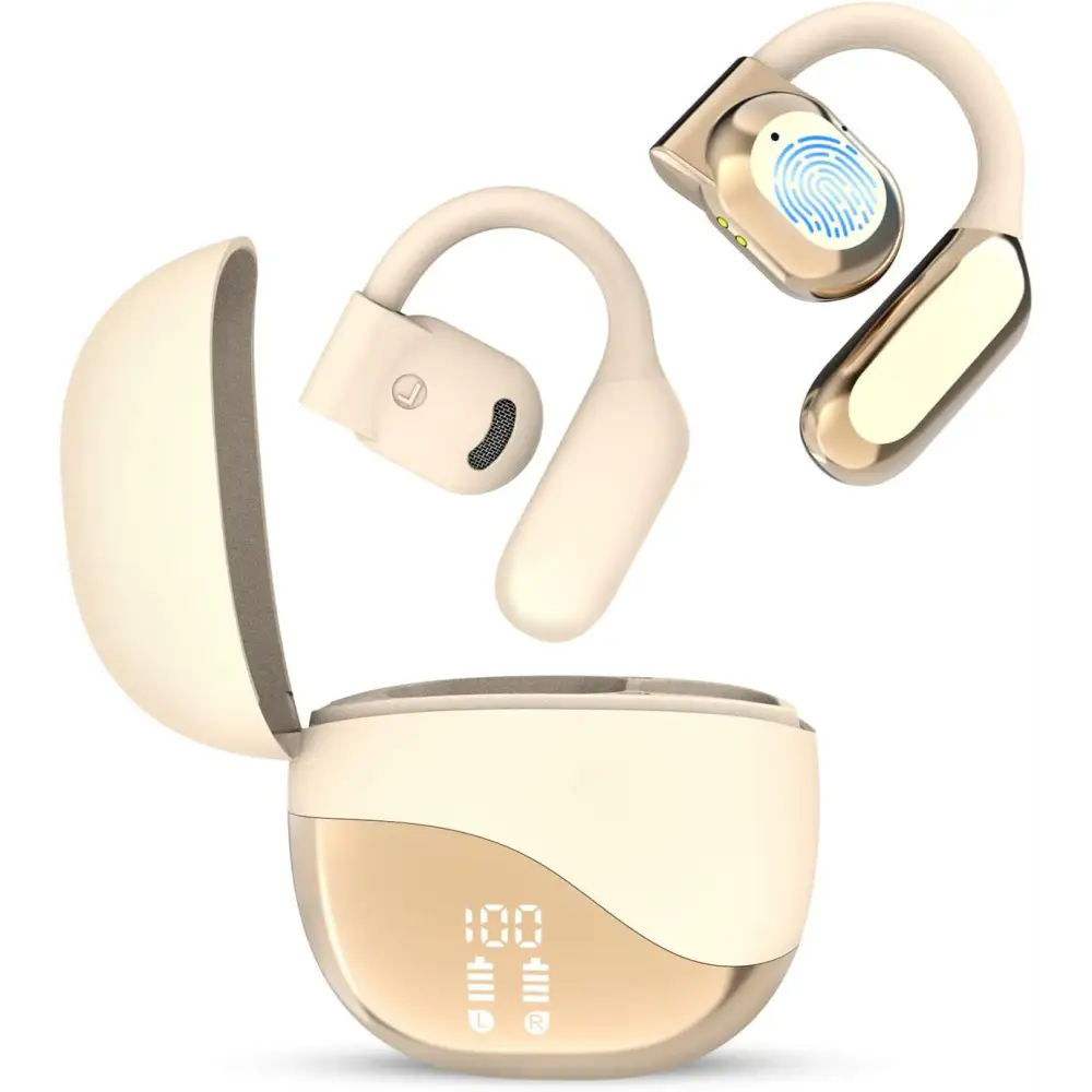 Beige Bone Conduction Headphones with Charging Case for 144 Language Translator Earbuds