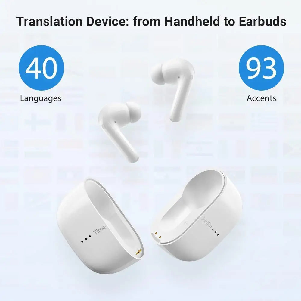 White Language Translator Earbuds with Charging Case and Active Noise Cancellation