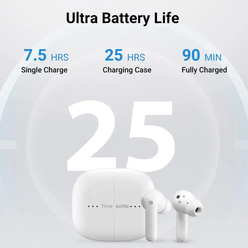 White Language Translator Earbuds with Active Noise Cancellation and charging case