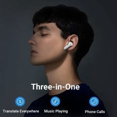 Person using White Language Translator Earbuds with Active Noise Cancellation feature