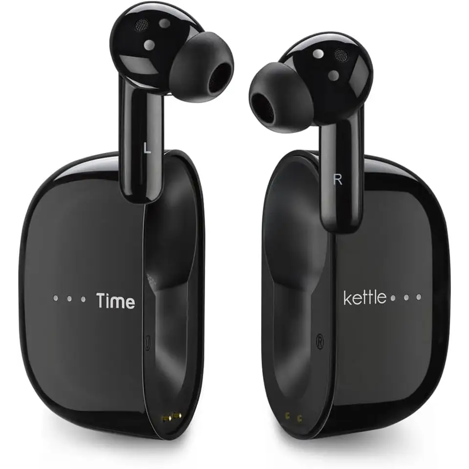 Black wireless earbuds with charging case for White Language Translator with ANC