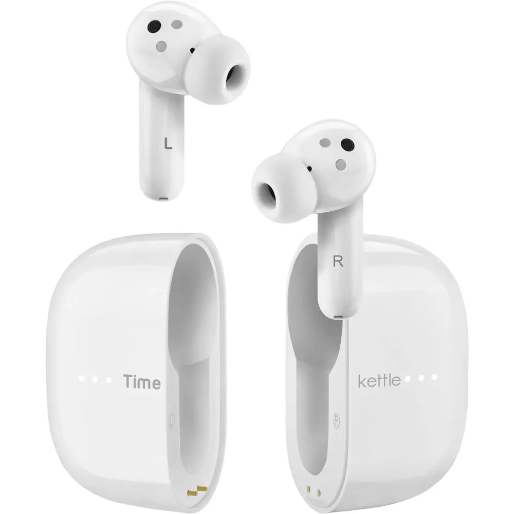 White Language Translator Earbuds with charging case and Active Noise Cancellation