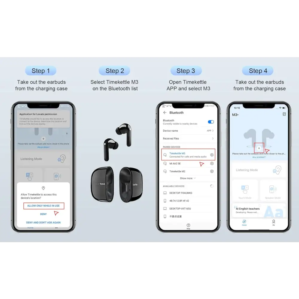 Earbud pairing instructions for White Language Translator Earbuds Active Noise Cancellation
