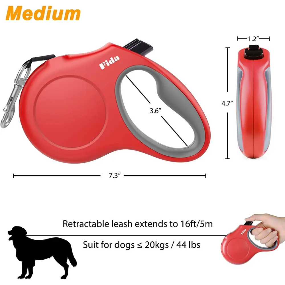 Red Reflective Retractable Dog Leash with Anti-Slip Handle for easy control and safety