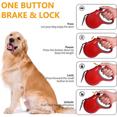 Red Reflective Retractable Dog Leash with Locking Mechanism and Anti-Slip Handle