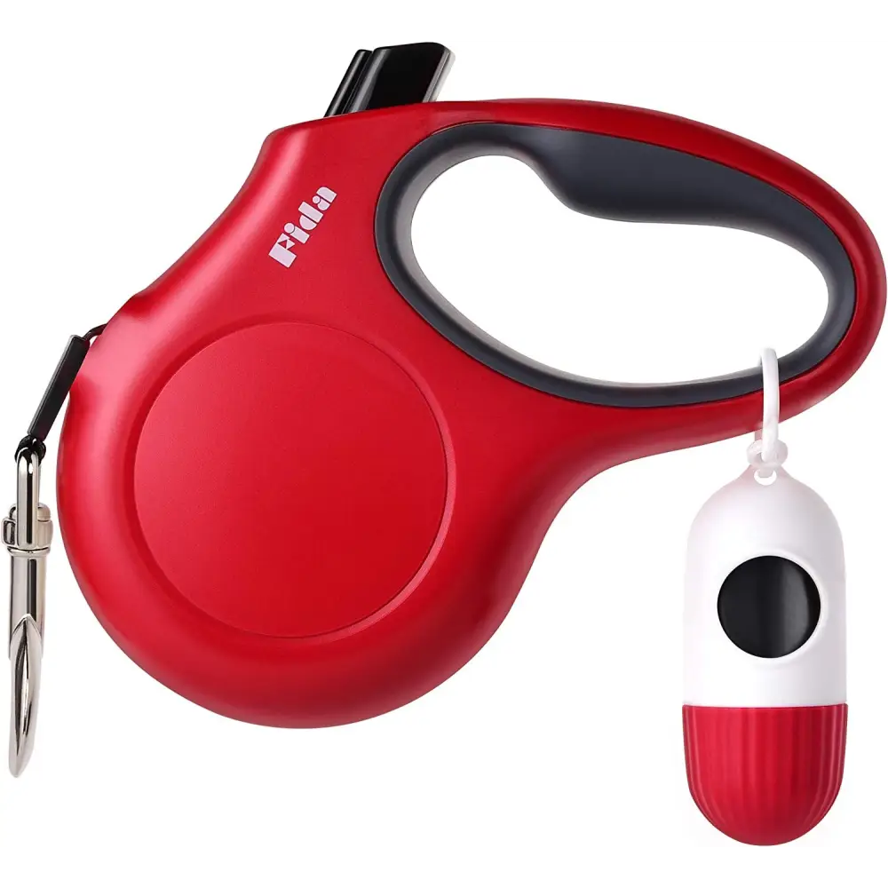 Red Reflective Retractable Dog Leash with Anti-Slip Handle and Waste Bag Dispenser