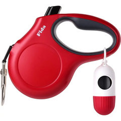 Red Reflective Retractable Dog Leash with Anti-Slip Handle and Waste Bag Dispenser