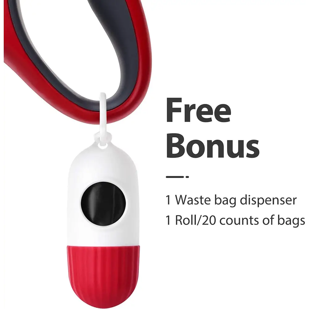Red and white waste bag dispenser with Red Reflective Retractable Dog Leash