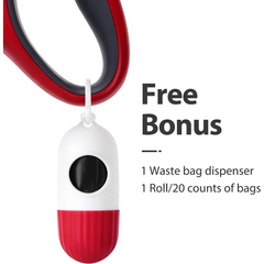 Red and white waste bag dispenser with Red Reflective Retractable Dog Leash