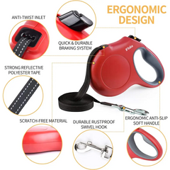 Red Reflective Retractable Dog Leash with Anti-Slip Handle for walking dogs comfortably