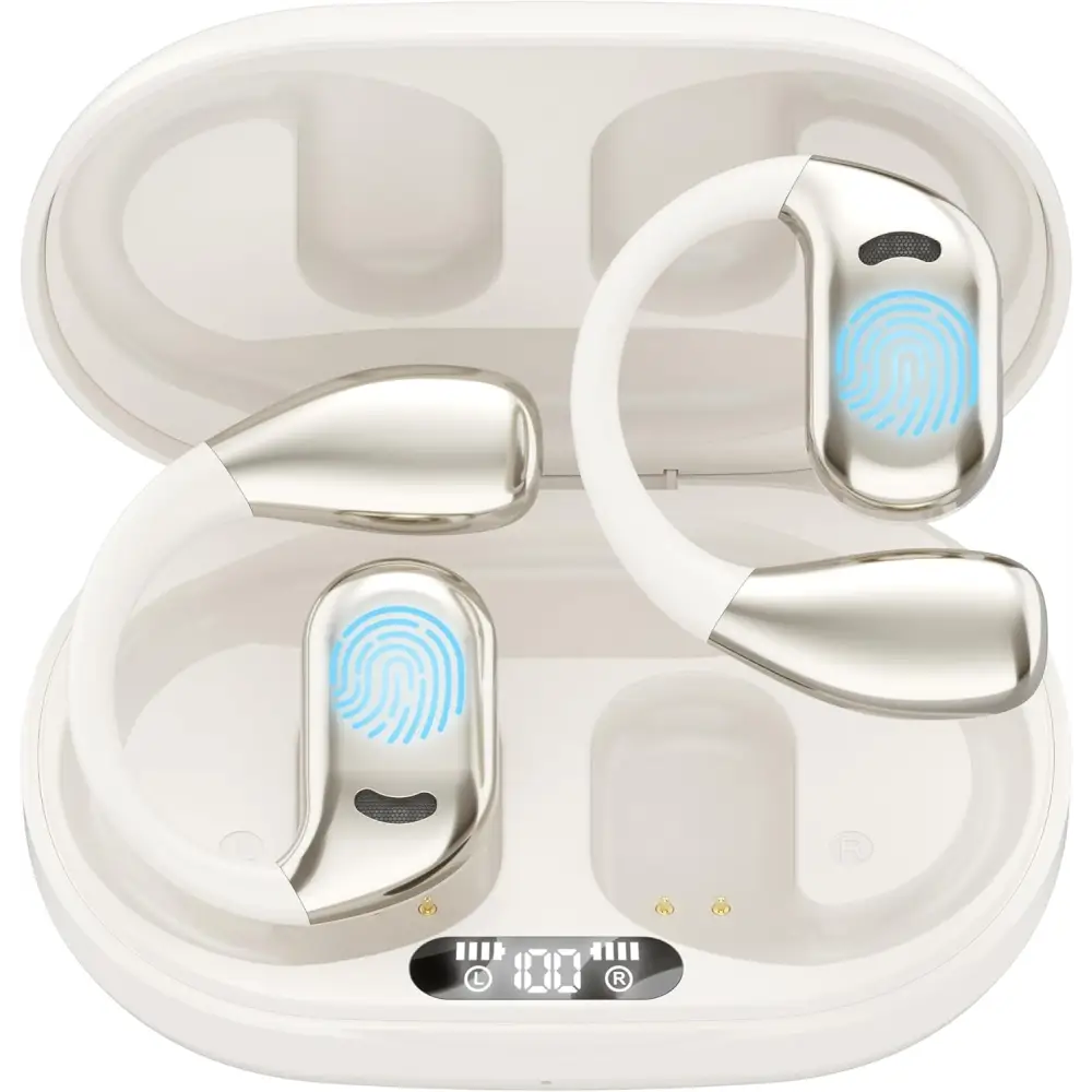 White wireless earbuds in charging case for Real Time 144 Language Translator Earbuds with AI