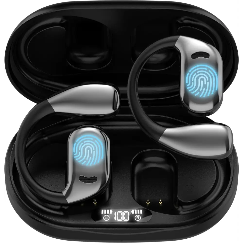 Black and silver wireless earbuds with charging case for Real Time 144 Language Translator