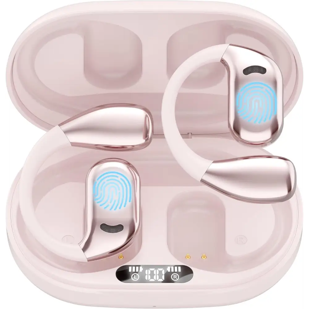 Pink wireless earbuds with charging case for Real Time 144 Language Translator Earbuds with AI