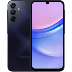 Dark blue Samsung Galaxy A15 smartphone with 128GB storage and 50MP camera